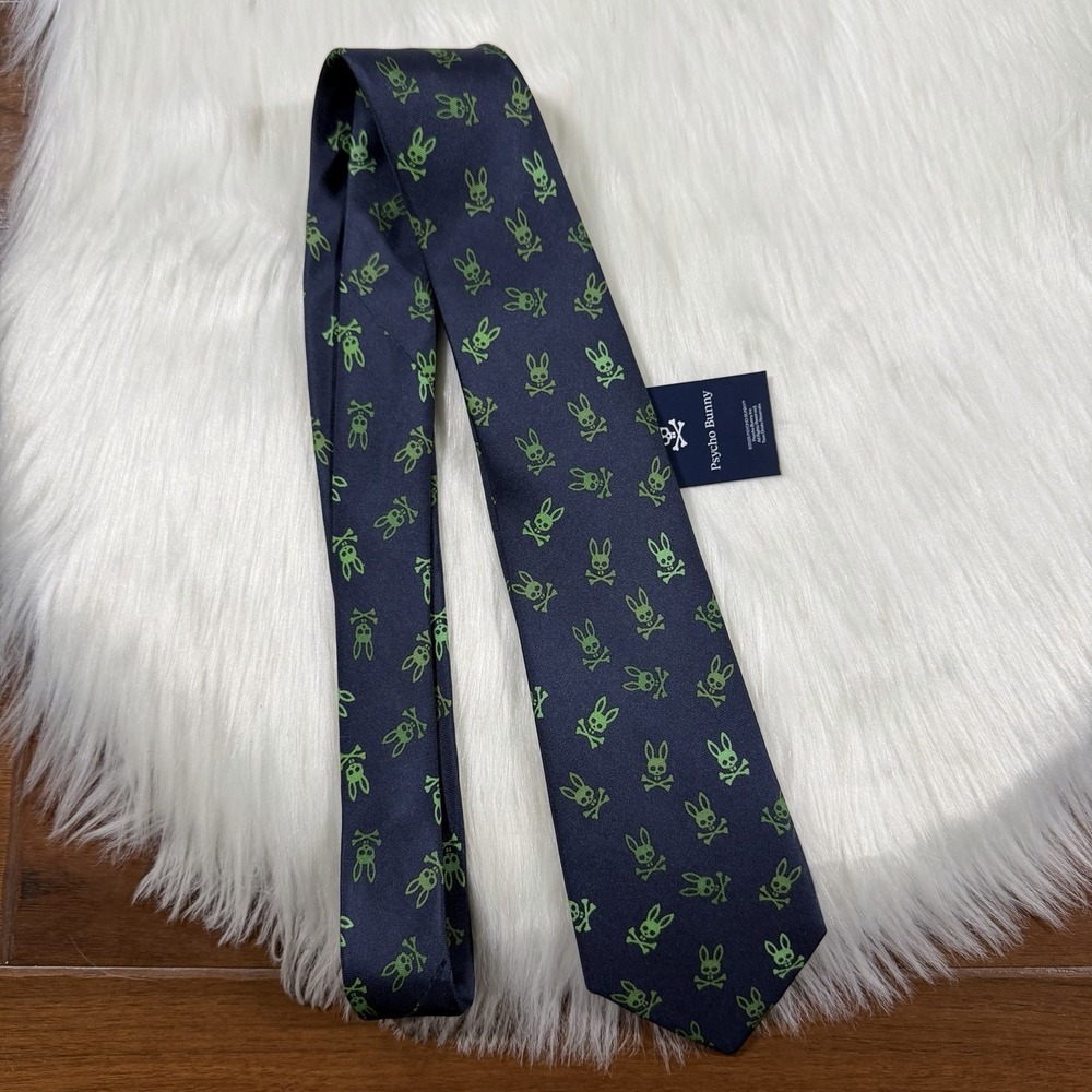 Psycho Bunny Men's Multicolor Blue Green Skull Bunny Logo 100% Silk Necktie Tie
